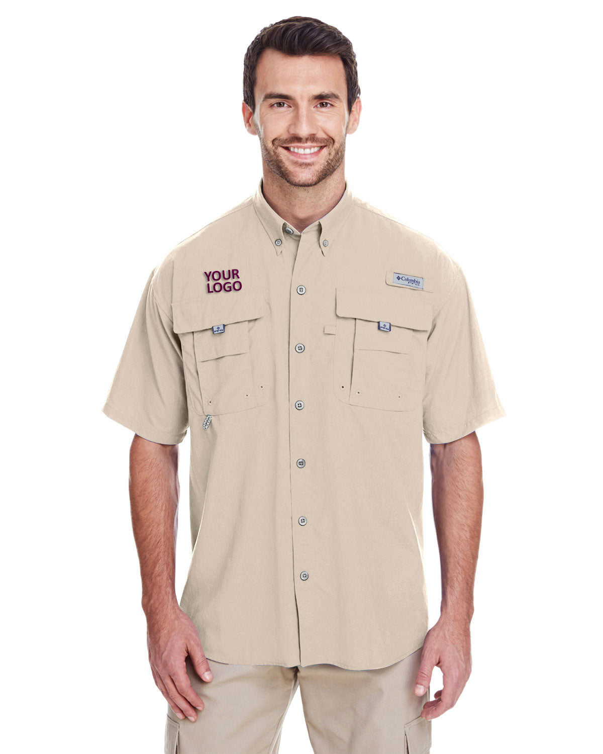Custom Columbia Mens Bahama Short-Sleeve Shirt, Fossil