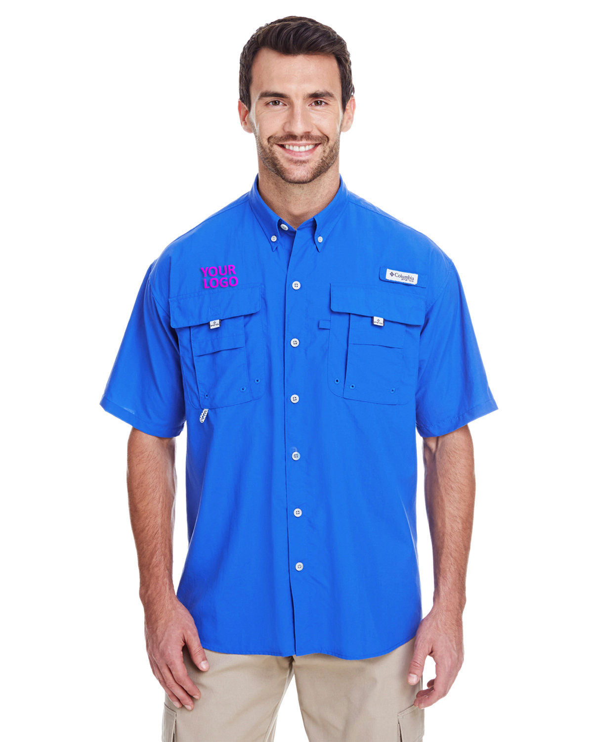 Custom Columbia Mens Bahama Short-Sleeve Shirt, Vivid Blue