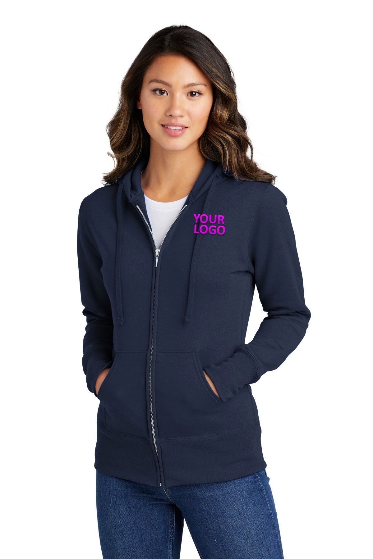 Port & Company Ladies Core Fleece Customized Zip Hoodies, Navy [Tongue Point Job Corps]