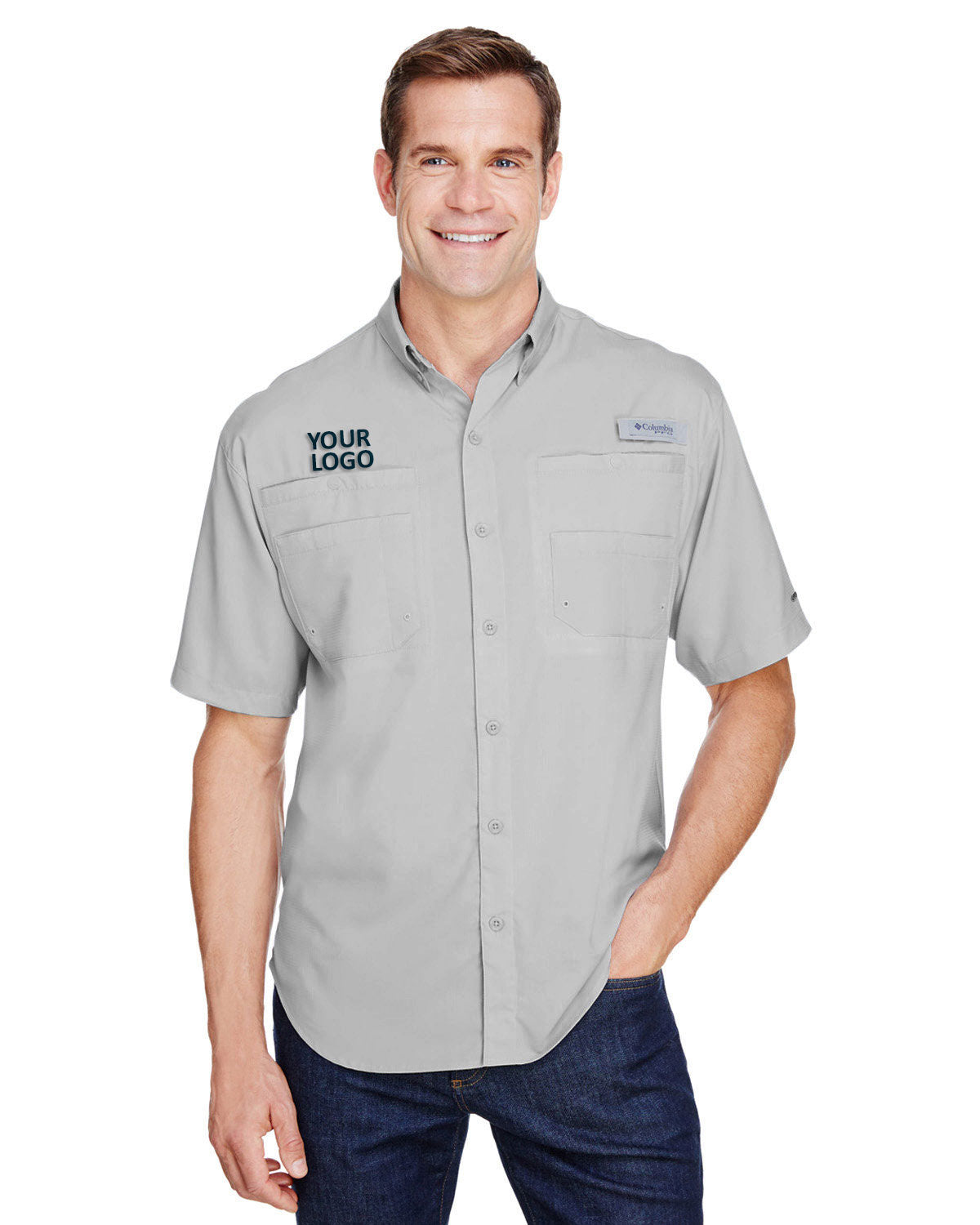 Custom Columbia Mens Tamiami Short-Sleeve Shirt, Cool Grey