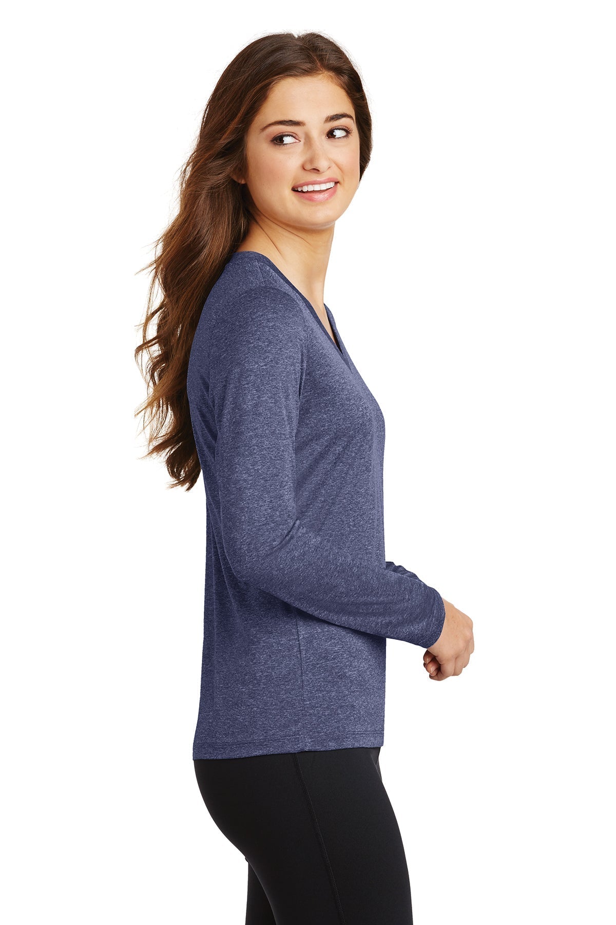 Sport-Tek Ladies Long Sleeve Branded Heather Contender V-Neck Tee's, True Navy Heather [AMERILODGE GROUP]