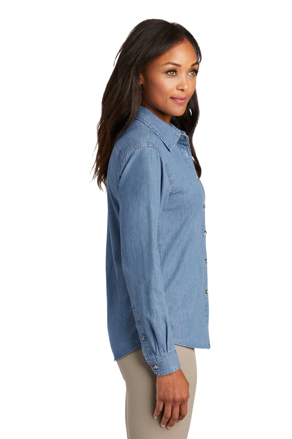 Port & Company Ladies Long Sleeve Custom Denim Shirts, Faded Blue [Calvada Surveying Inc]