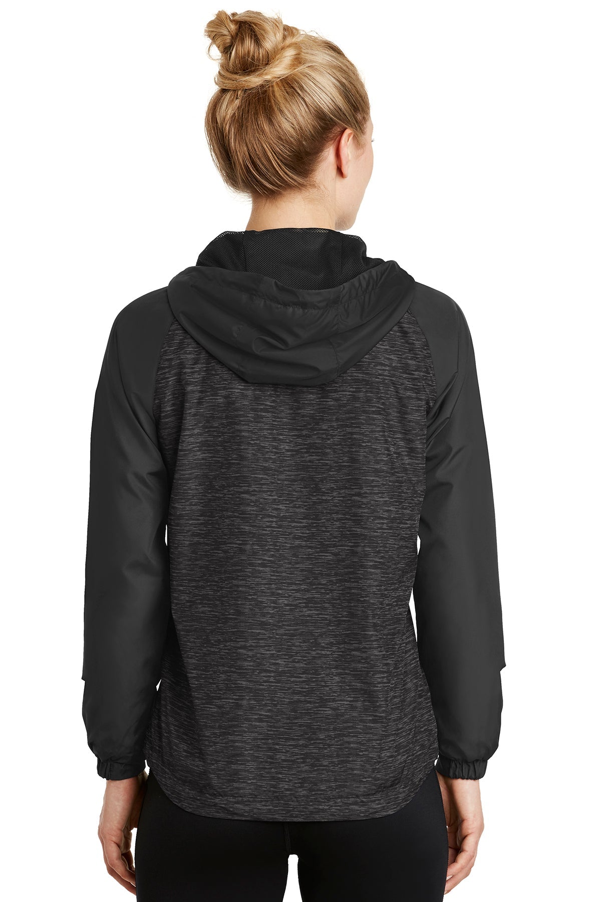 Sport-Tek Ladies Heather Colorblock Customized Raglan Hooded Wind Jackets, Black Heather/ Black [Black Diamond Realty]