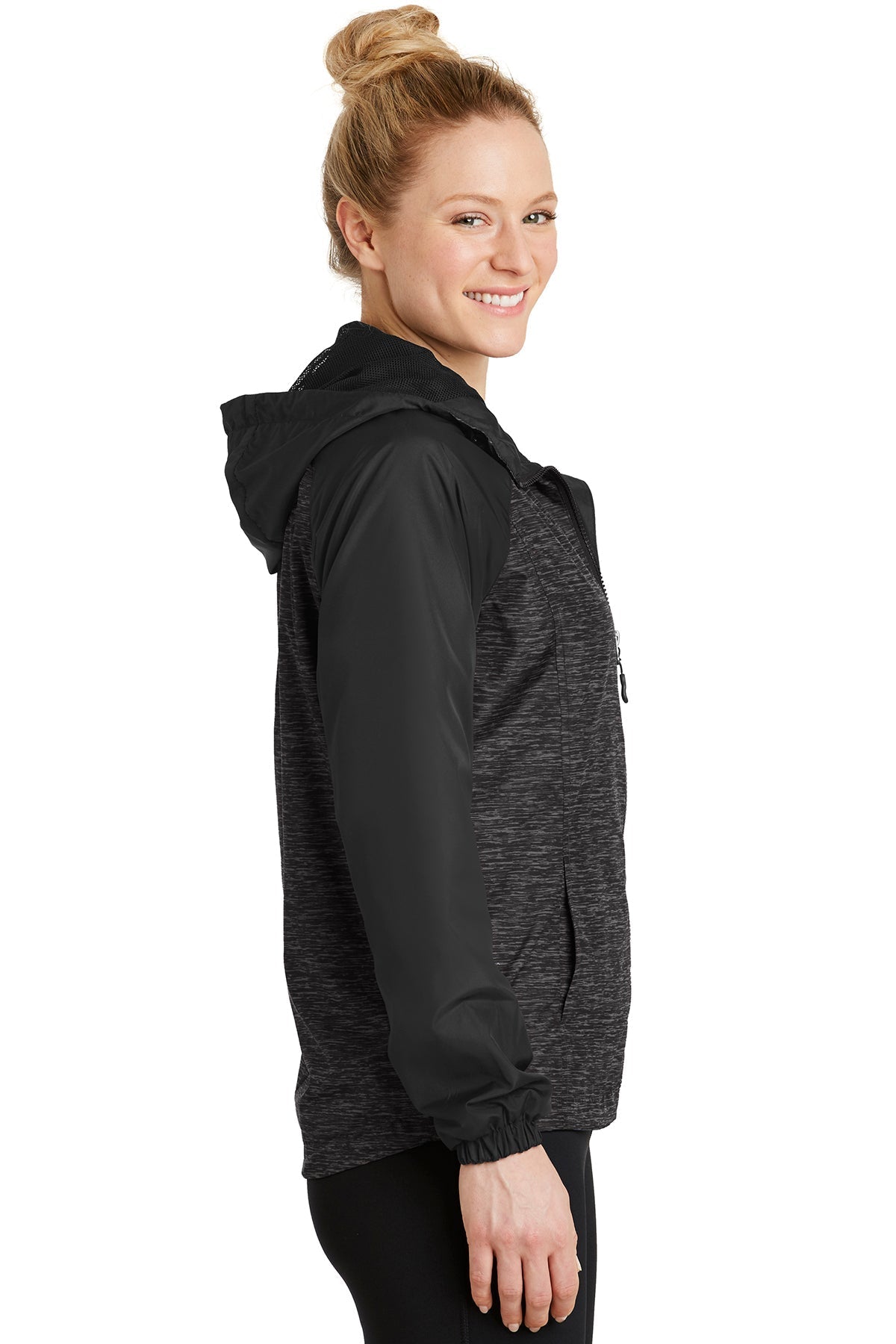 Sport-Tek Ladies Heather Colorblock Customized Raglan Hooded Wind Jackets, Black Heather/ Black [Black Diamond Realty]