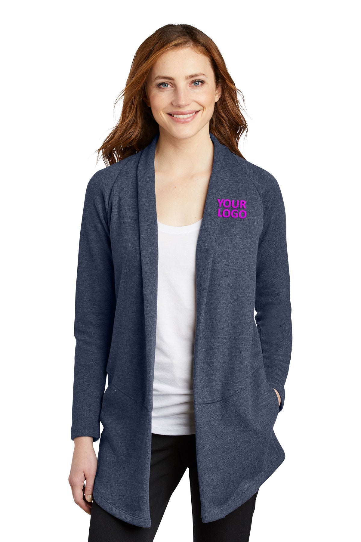 Port Authority Ladies Interlock Customized Cardigans, Estate Blue Heather/ Charcoal Heather [Orange by Fooda]