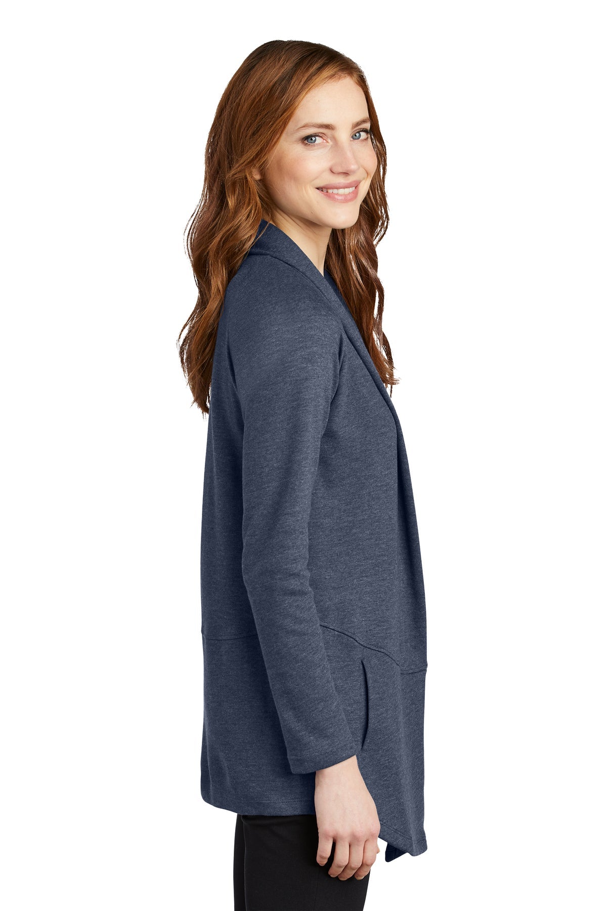 Port Authority Ladies Interlock Customized Cardigans, Estate Blue Heather/ Charcoal Heather [NCT]