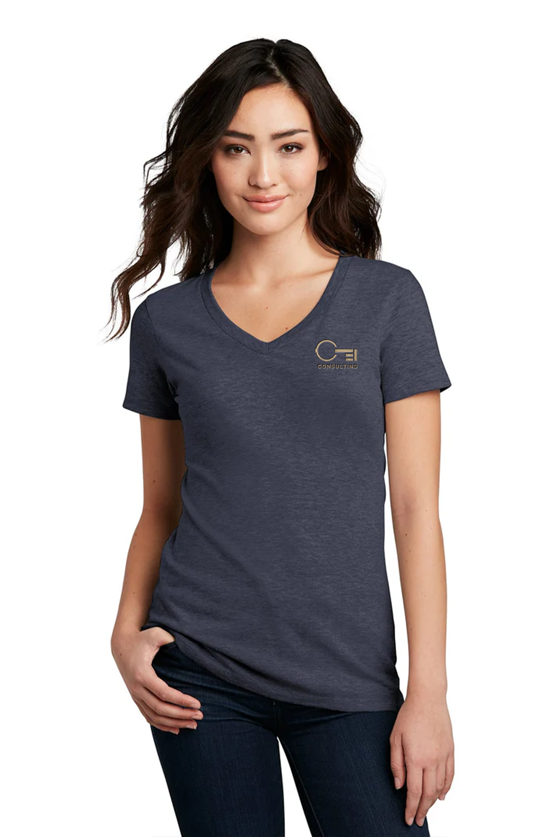 District Made Ladies Perfect Blend V-Neck, Heathered Navy [CEI Consulting]