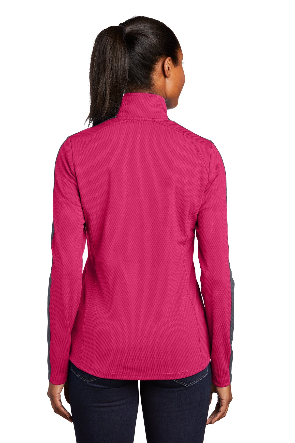 Sport-Tek Ladies Sport-Wick Textured Colorblock Customized 1/4-Zip Pullovers, Pink Raspberry/ Iron Grey [Momentum Behavior Analysis]