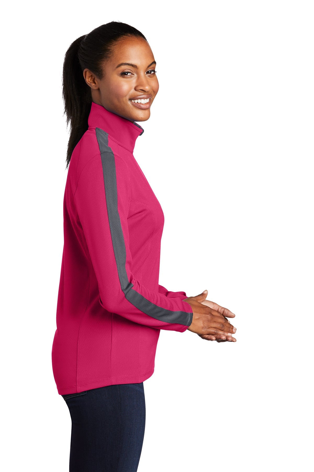 Sport-Tek Ladies Sport-Wick Textured Colorblock Customized 1/4-Zip Pullovers, Pink Raspberry/ Iron Grey [Momentum Behavior Analysis]