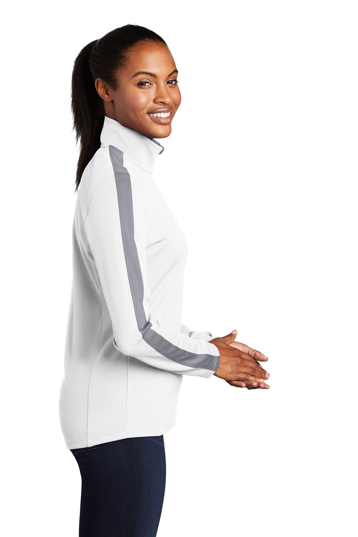 Sport-Tek Ladies Sport-Wick Textured Colorblock Customized 1/4-Zip Pullovers, White/ Iron Grey [Team Travel Source]