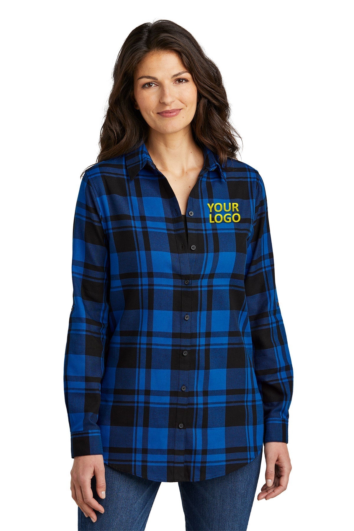 Port Authority Ladies Plaid Flannel Branded Tunics, Royal/ Black [540 Social]