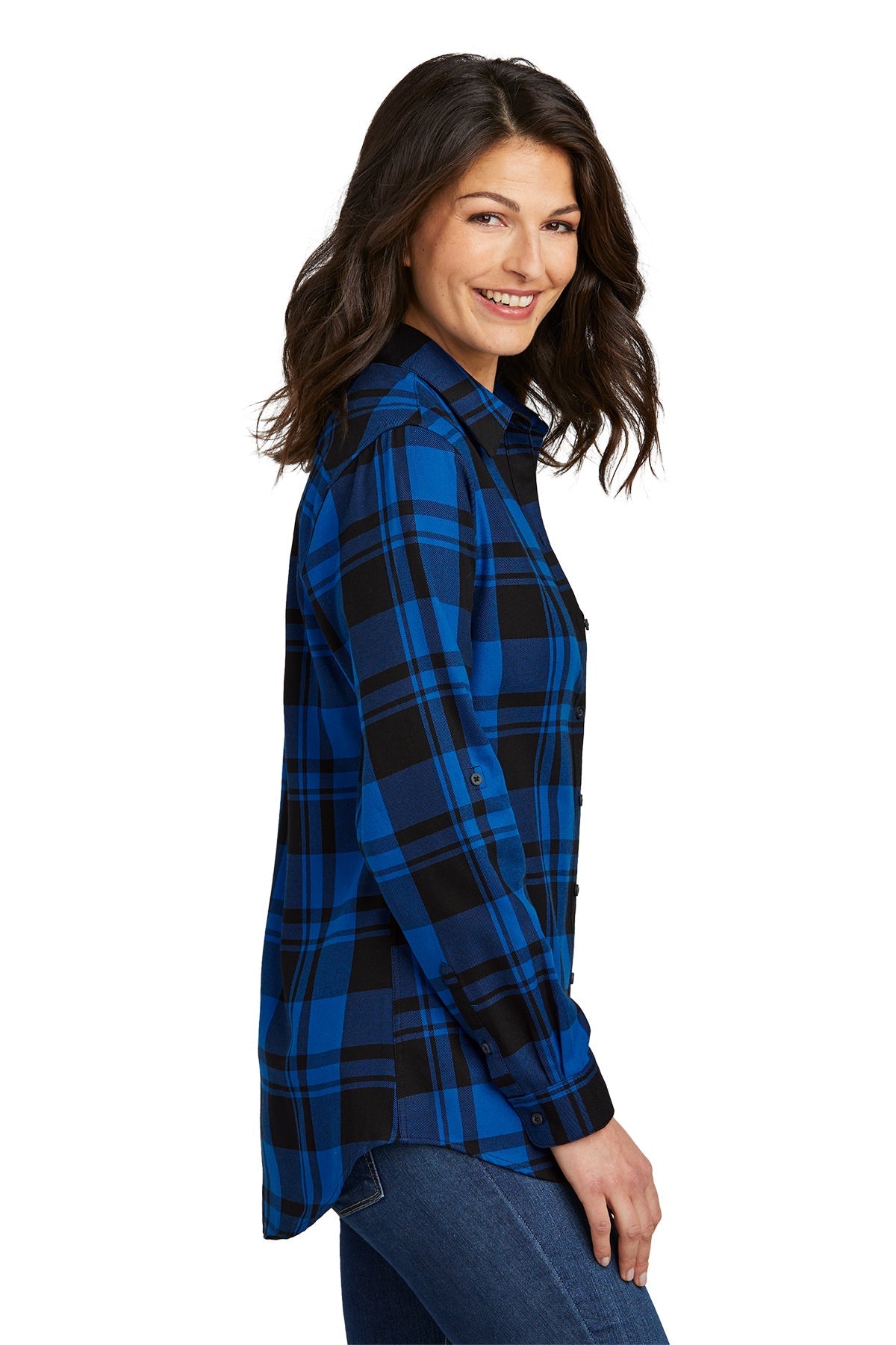 Port Authority Ladies Plaid Flannel Branded Tunics, Royal/ Black [540 Social]