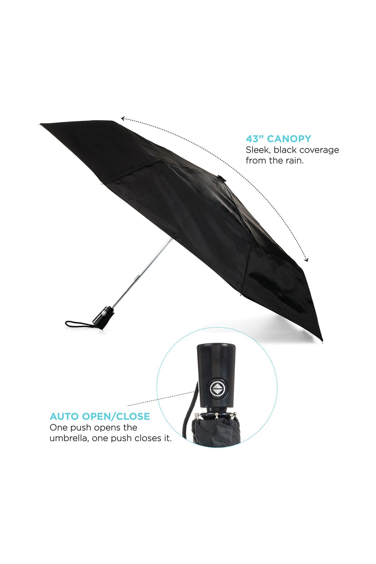 Totes 3 Section Auto Open/Close 44" Custom Umbrellas, Black