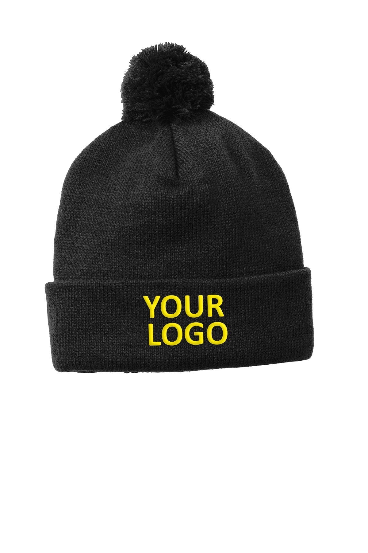 Sport-Tek Solid Customized Pom Pom Beanies, Black [Valley Internet]