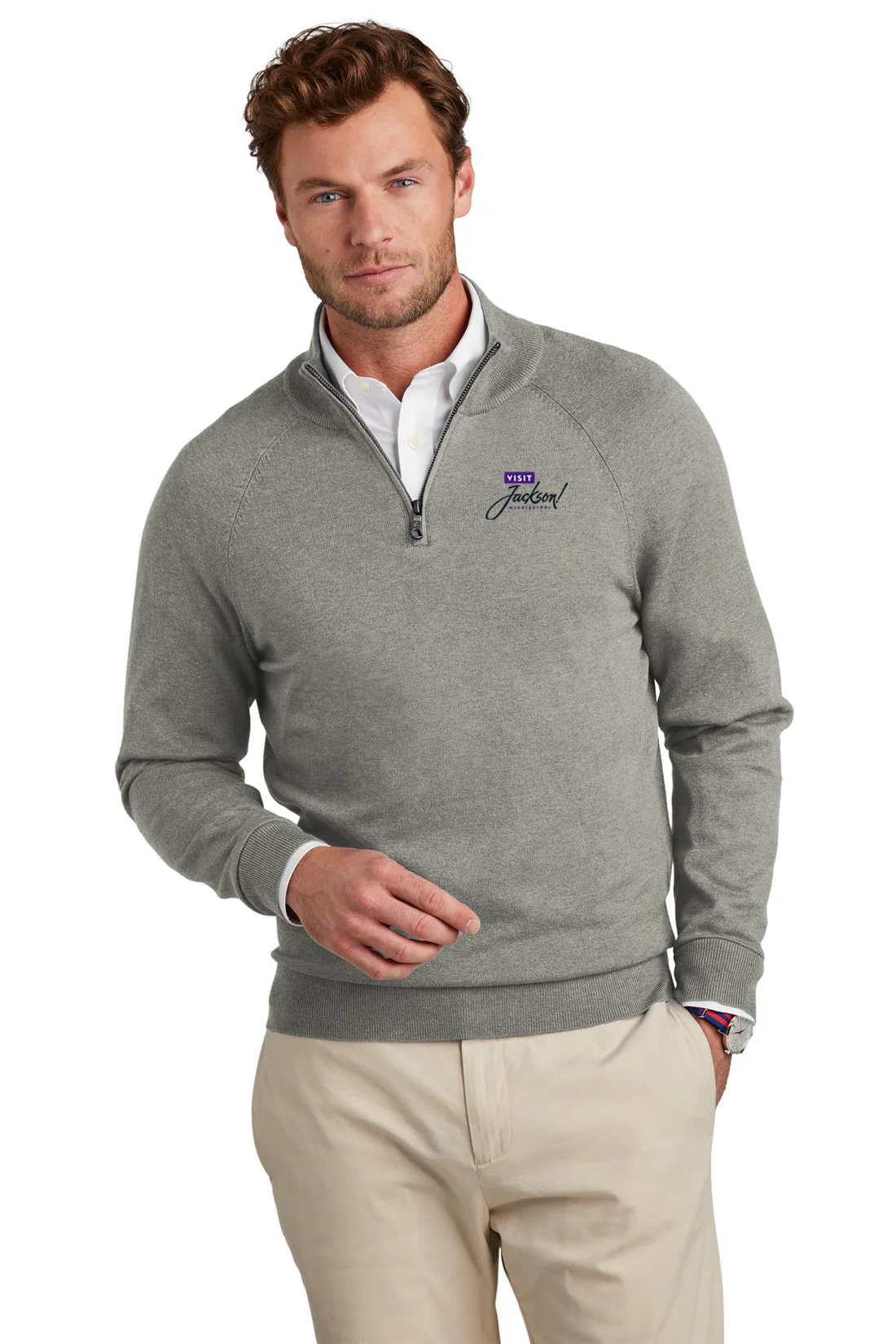 Brooks Brothers Cotton Stretch  1/4-Zip Sweater, Light Shadow Grey Heather [Visit Jackson]