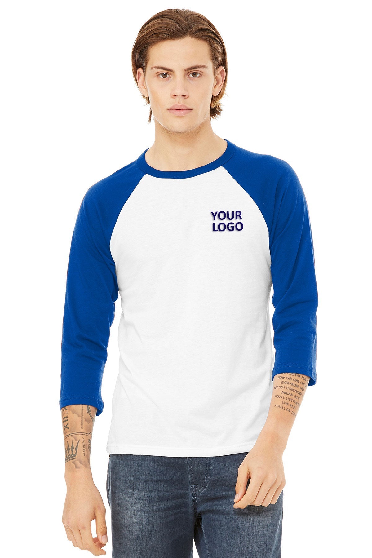 Bella Canvas Unisex 3/4-Sleeve Baseball T-Shirt, White/ True Royal [WeCare tlc]
