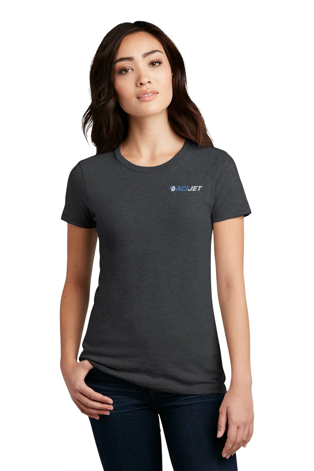 District Made Ladies Perfect Blend Crew Tee, Heathered Charcoal [ACI Jet Uniforms]