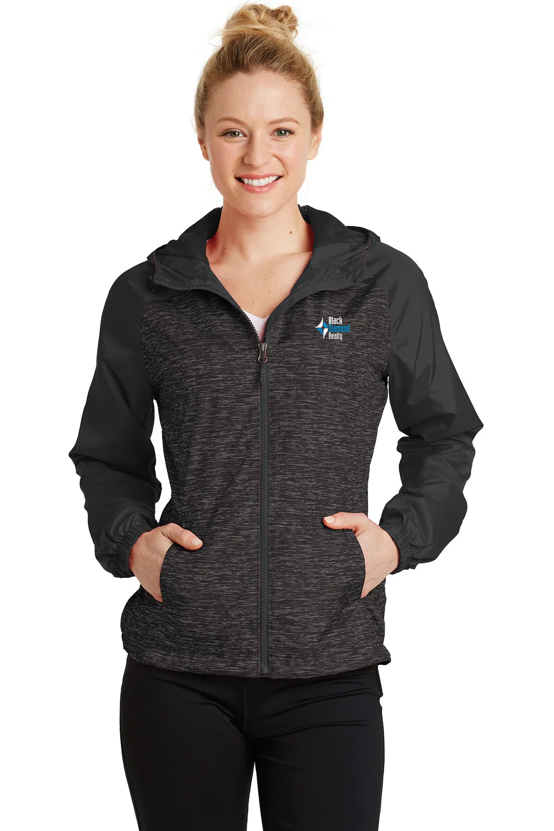 Sport-Tek Ladies Heather Colorblock Raglan Hooded Wind Jacket, Black Heather/ Black [Black Diamond Realty]