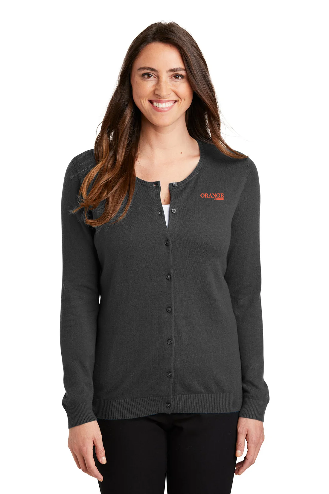 Port Authority Ladies Cardigan Sweater, Charcoal Heather [Orange by Fooda]