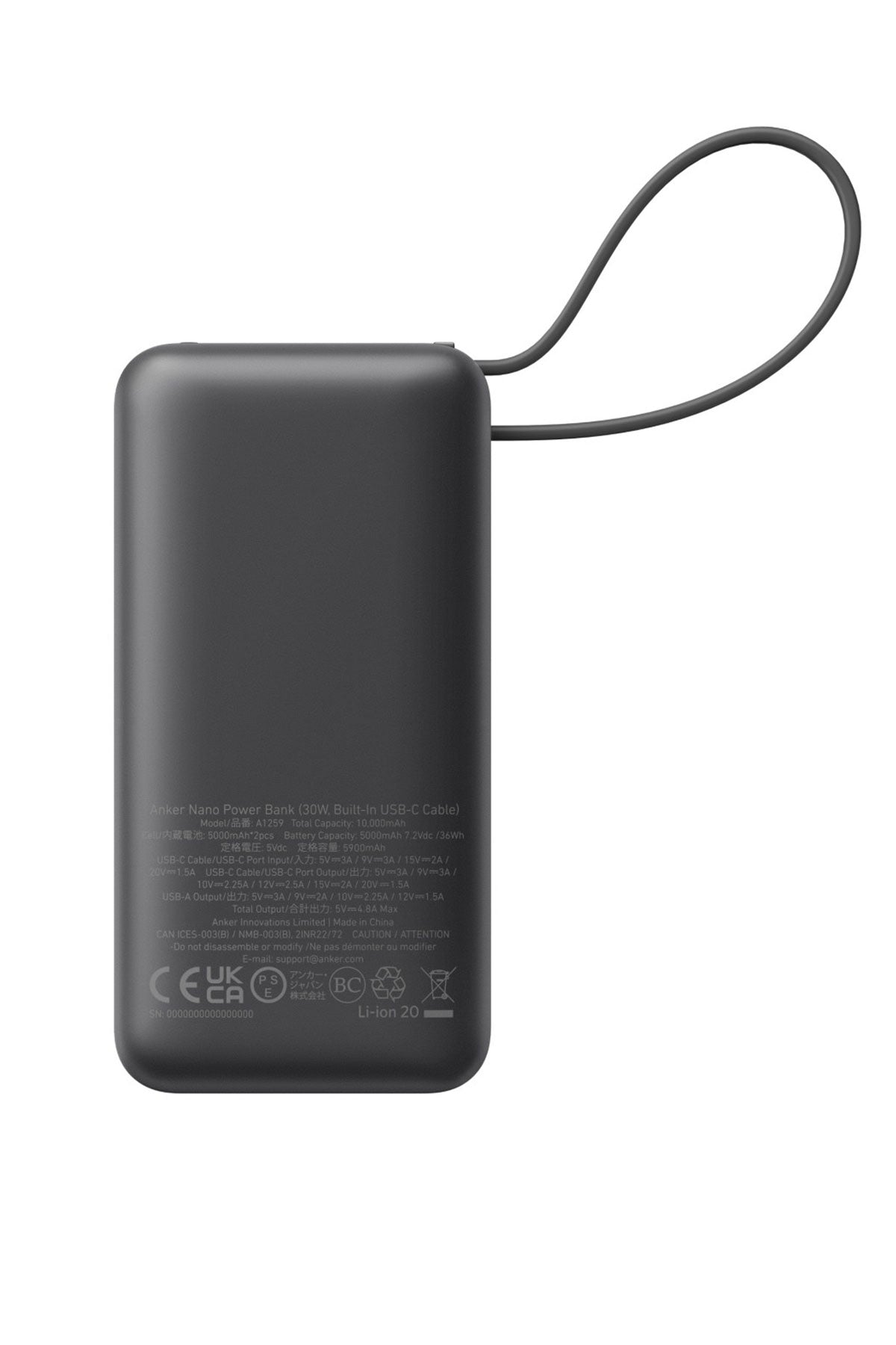 Anker Nano Custom Power Bank 30W Built-In USB-C Cable, Black