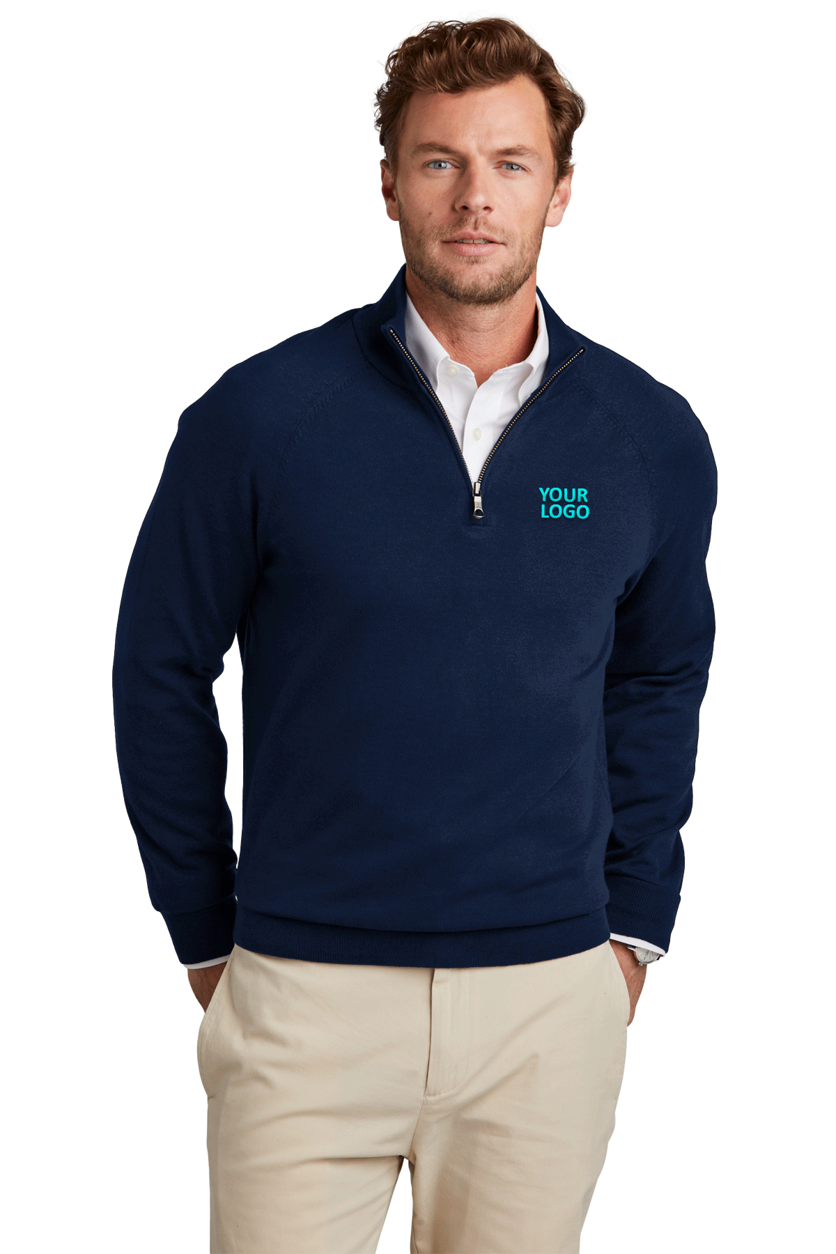 Brooks Brothers Cotton Stretch Custom 1/4-Zip Sweaters, Navy Blazer [Labenz & Associates]