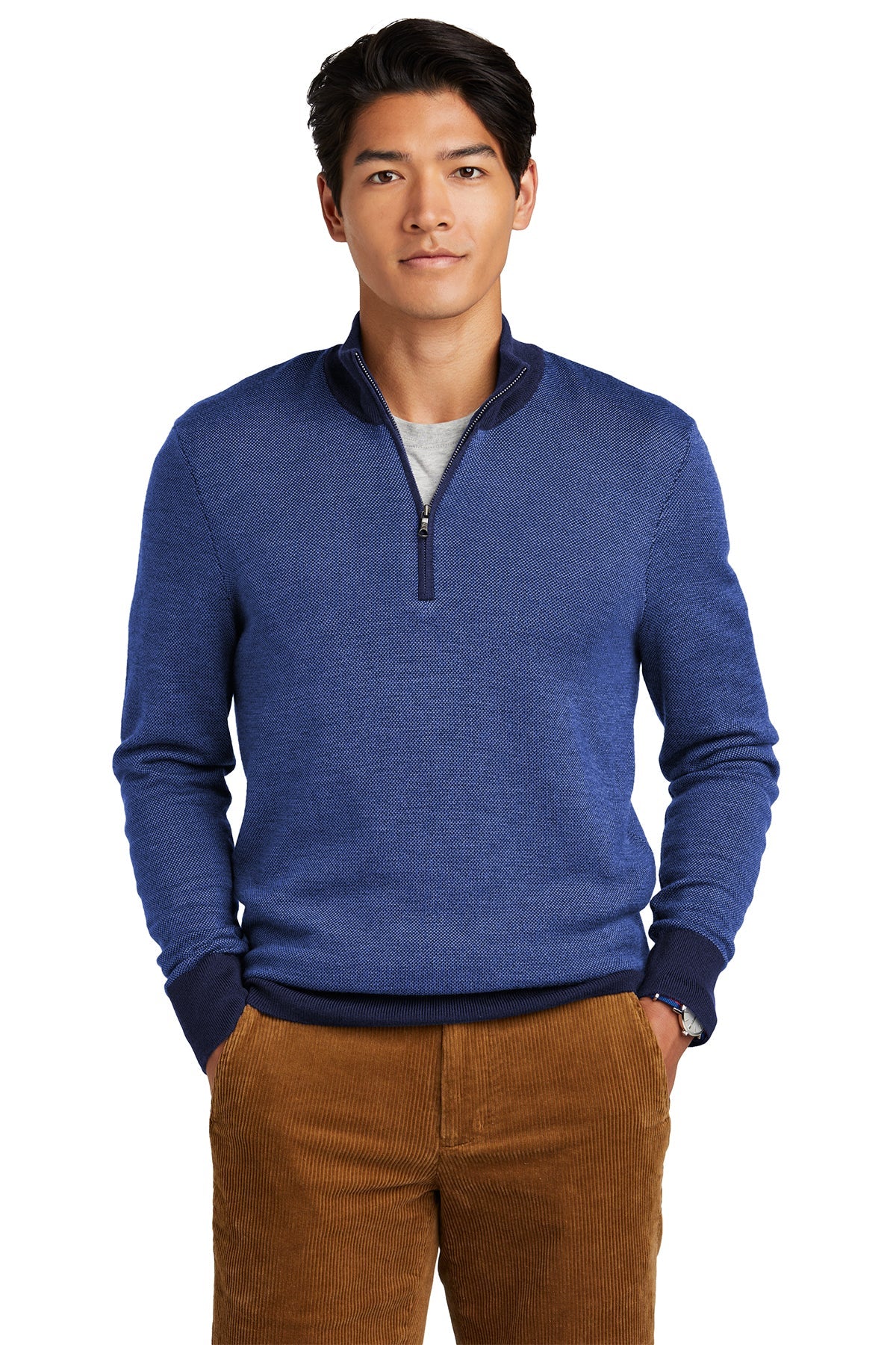 Custom Brooks Brothers Washable Merino Birdseye Custom 1 4 Zip Sweaters Navy Compass Blue