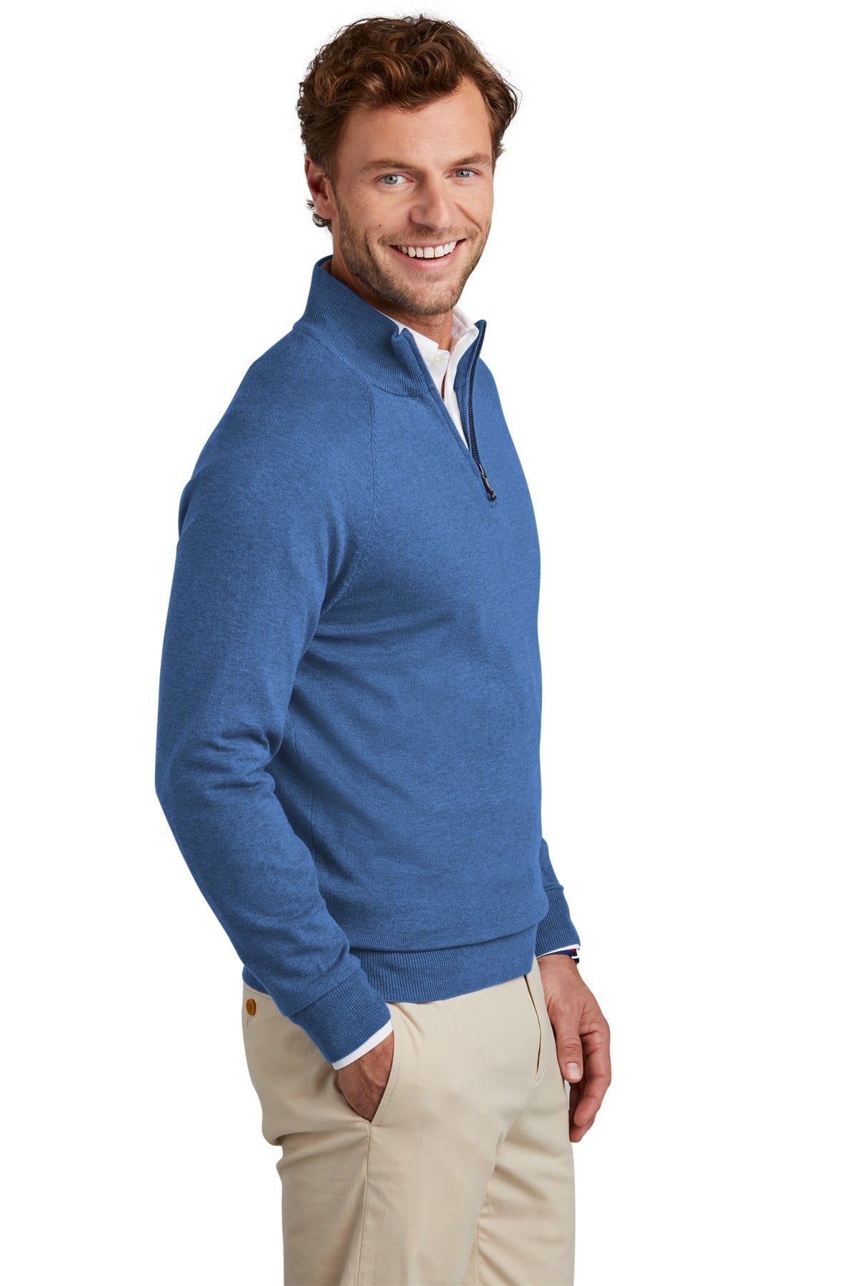 Brooks Brothers Cotton Stretch Custom 1/4-Zip Sweaters, Charter Blue Heather [Kentucky United Methodist Children's Homes]