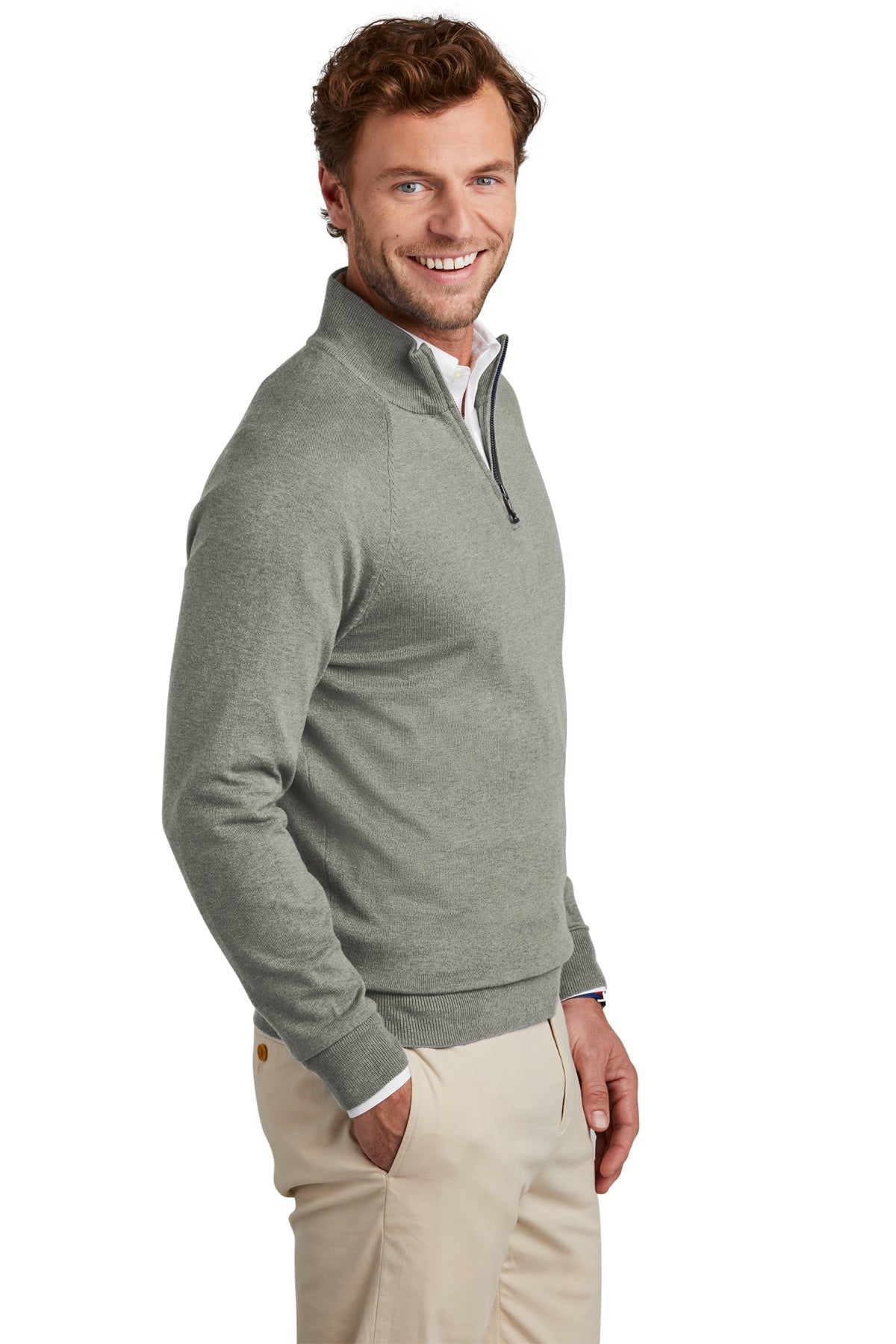 Brooks Brothers Cotton Stretch Custom 1/4-Zip Sweaters, Light Shadow Grey Heather [Visit Jackson]