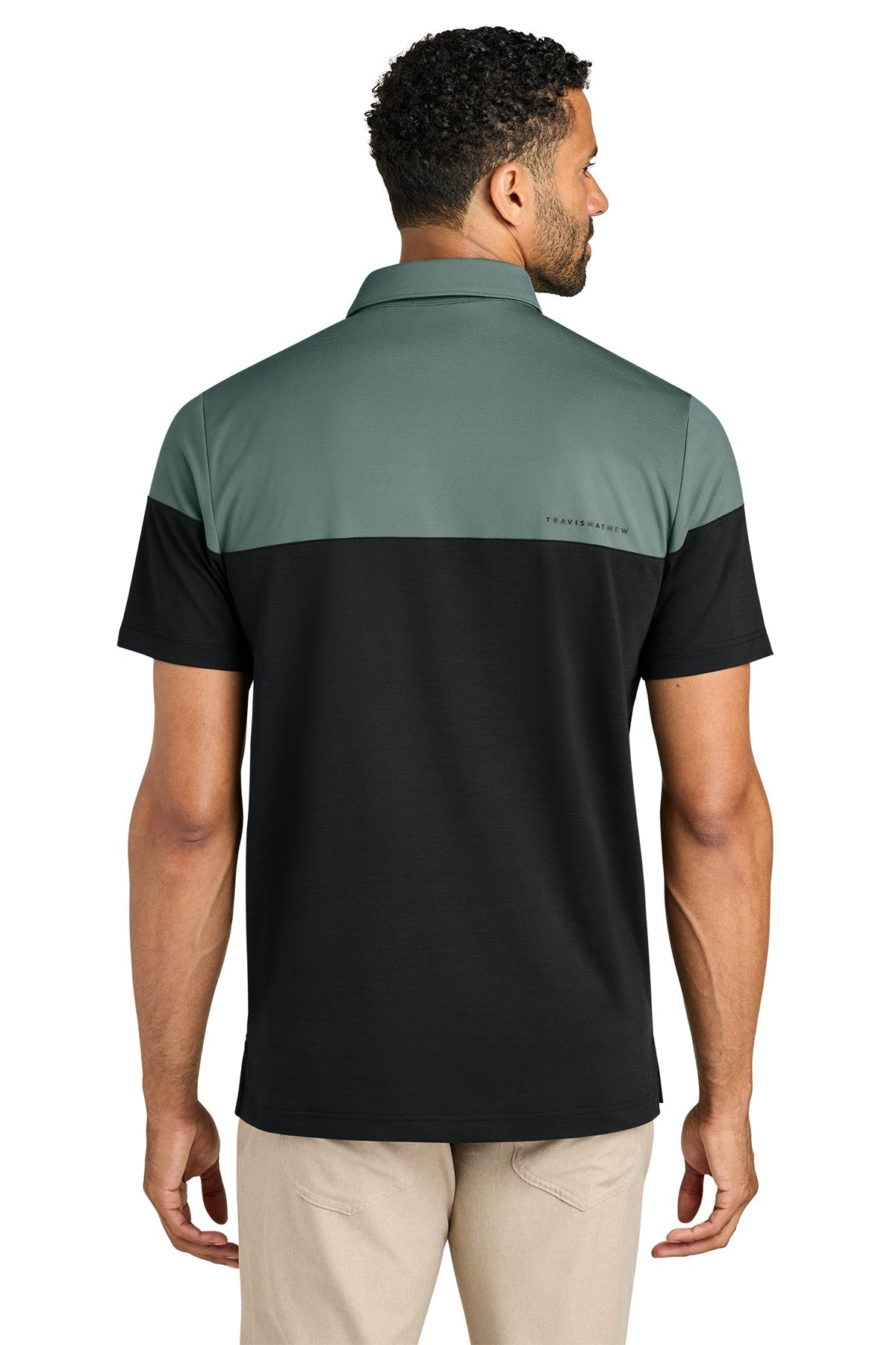 TravisMathew Onward Colorblock Custom Polos, Balsam Green/ Black [Gershman Investment Corp.]