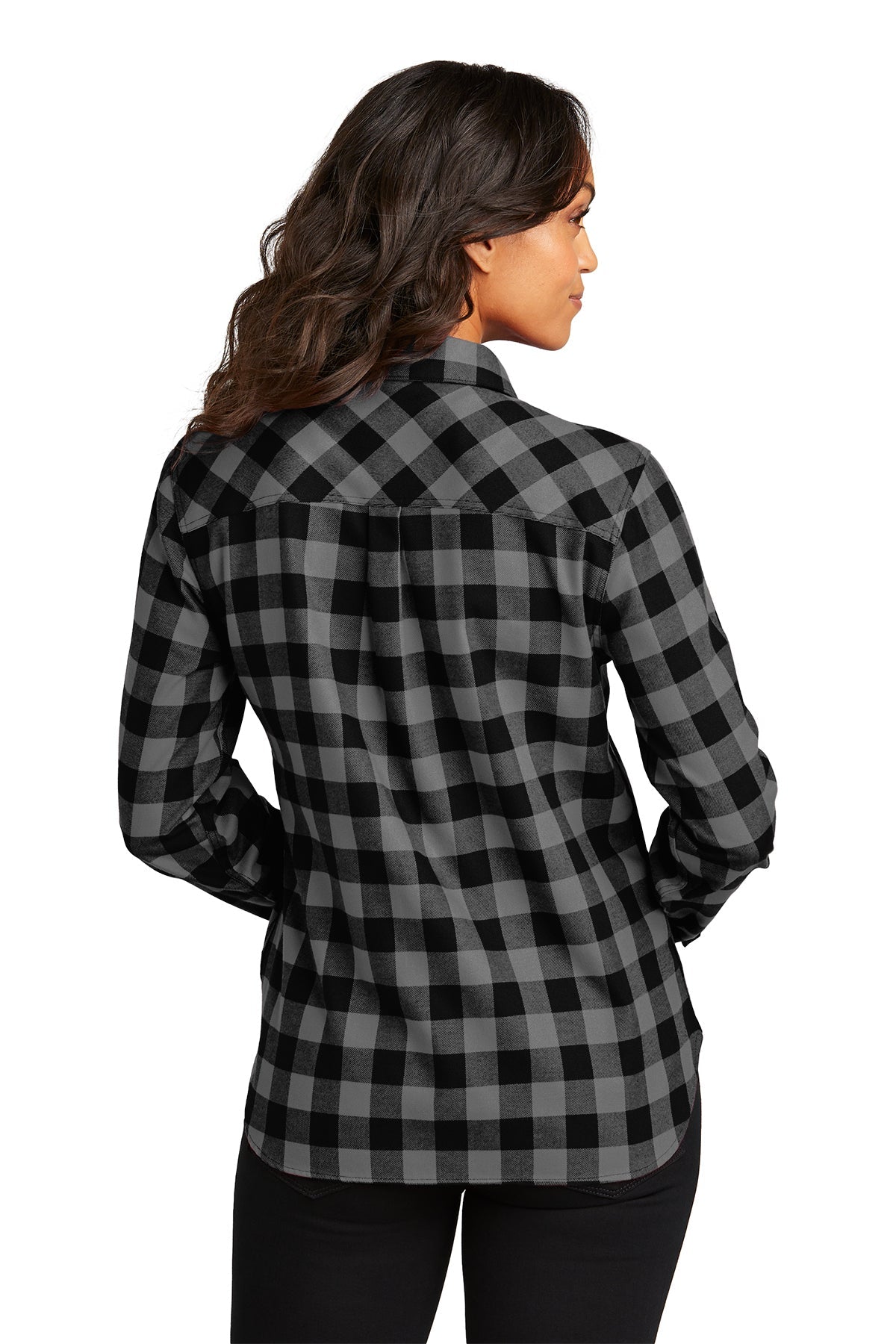 Port Authority Ladies Customized Plaid Flannel Shirts, Grey/ Black Buffalo Check