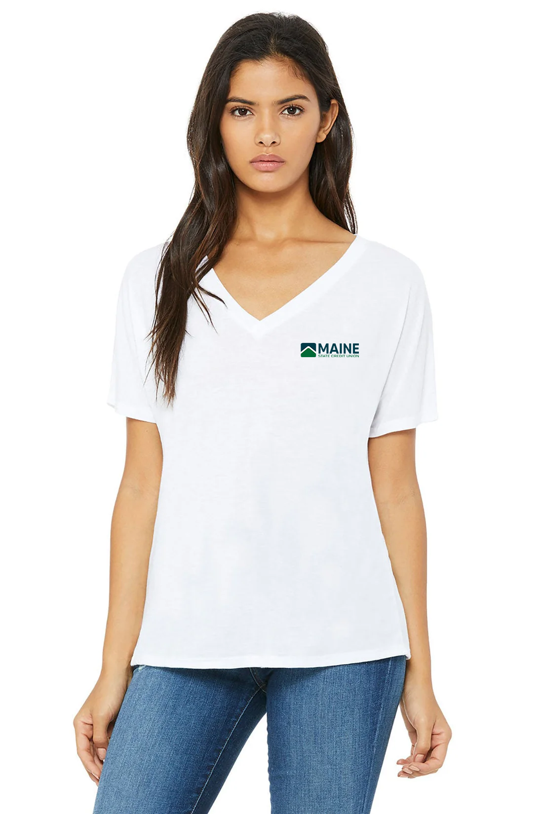 Bella Canvas Ladies Slouchy V-Neck T-Shirt, White [Maine State Credit Union]