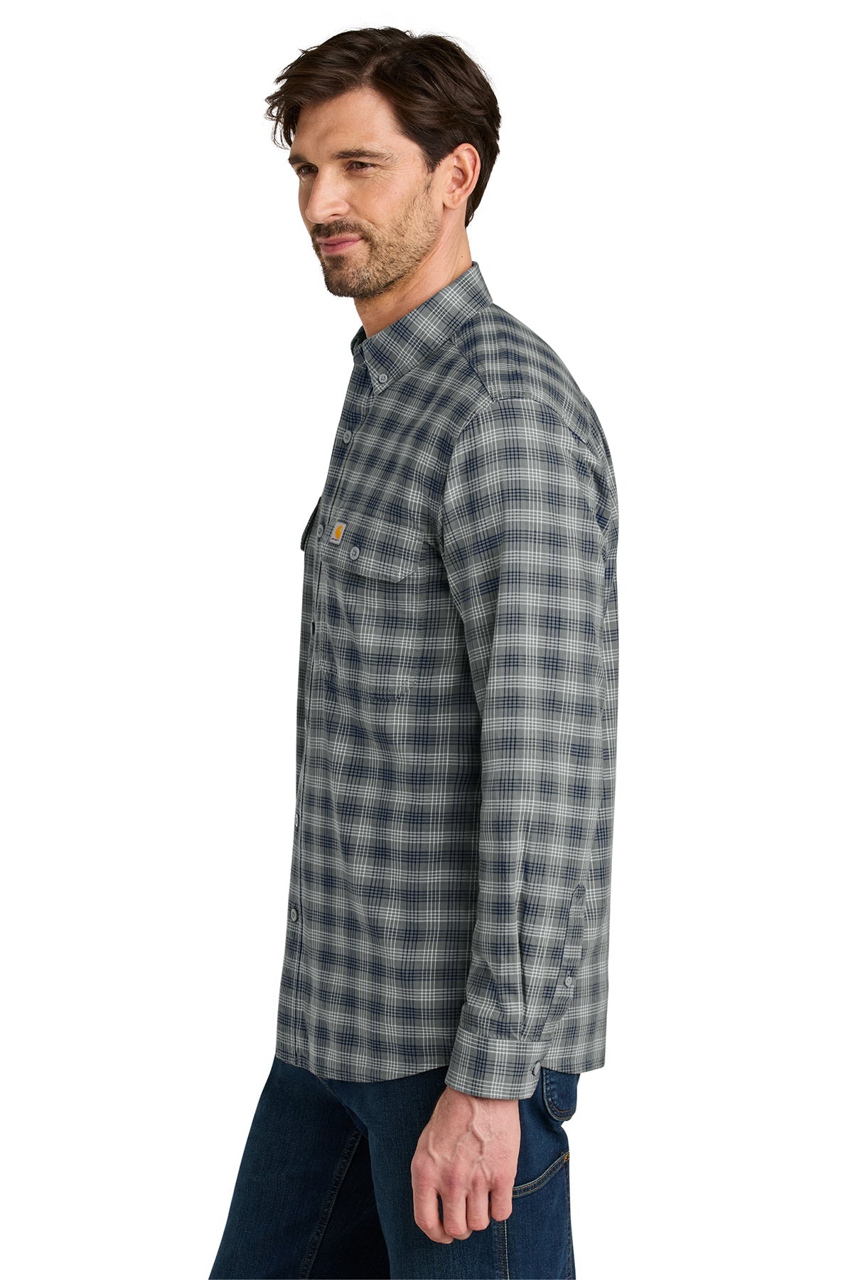 Carhartt Rugged Flex Plaid Long Sleeve Custom Shirts, Plaid Steel Navy