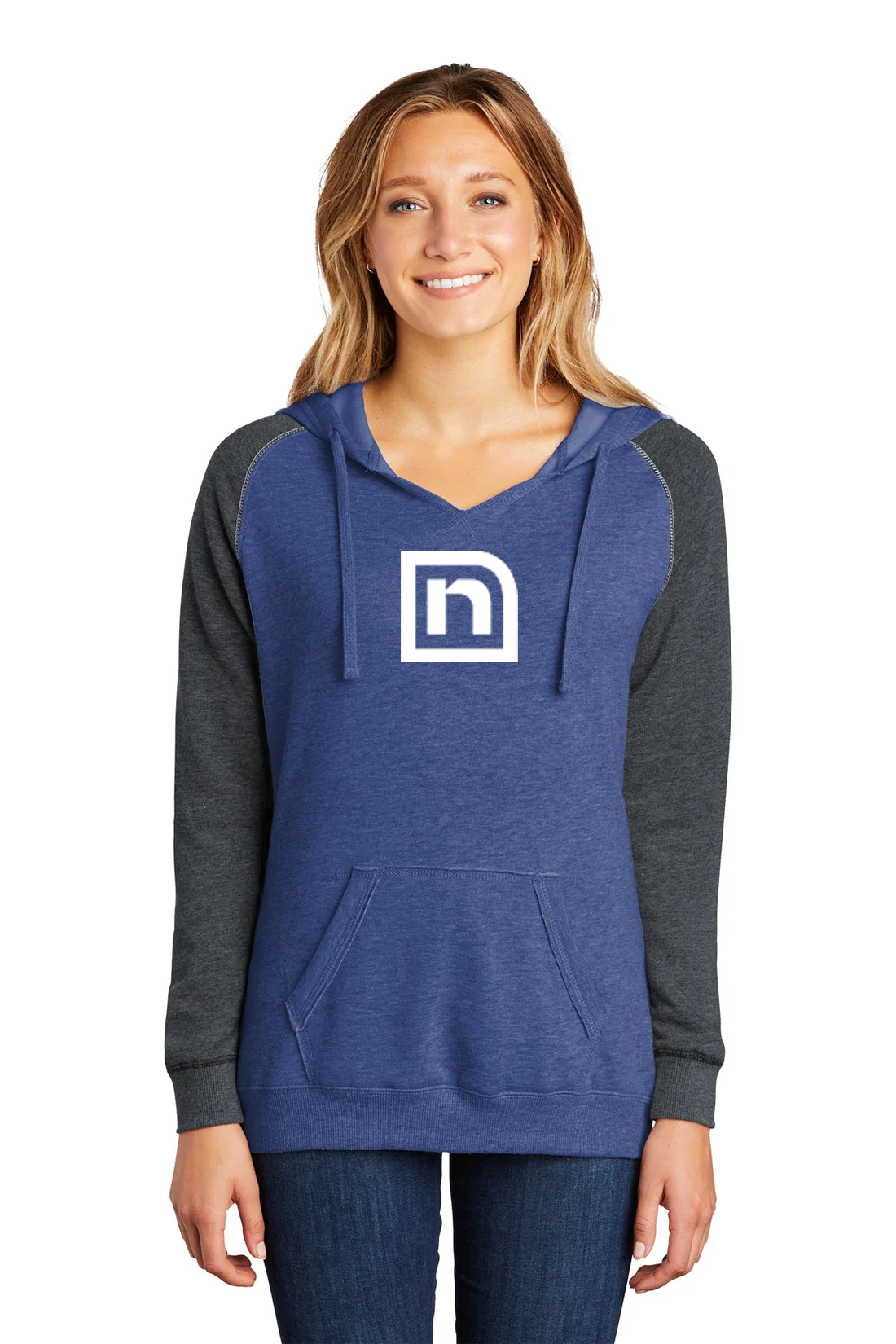District Ladies Juniors Lightweight Fleece Raglan Hoodie, Heathered Deep Royal/ Heathered Charcoal [Naviant]