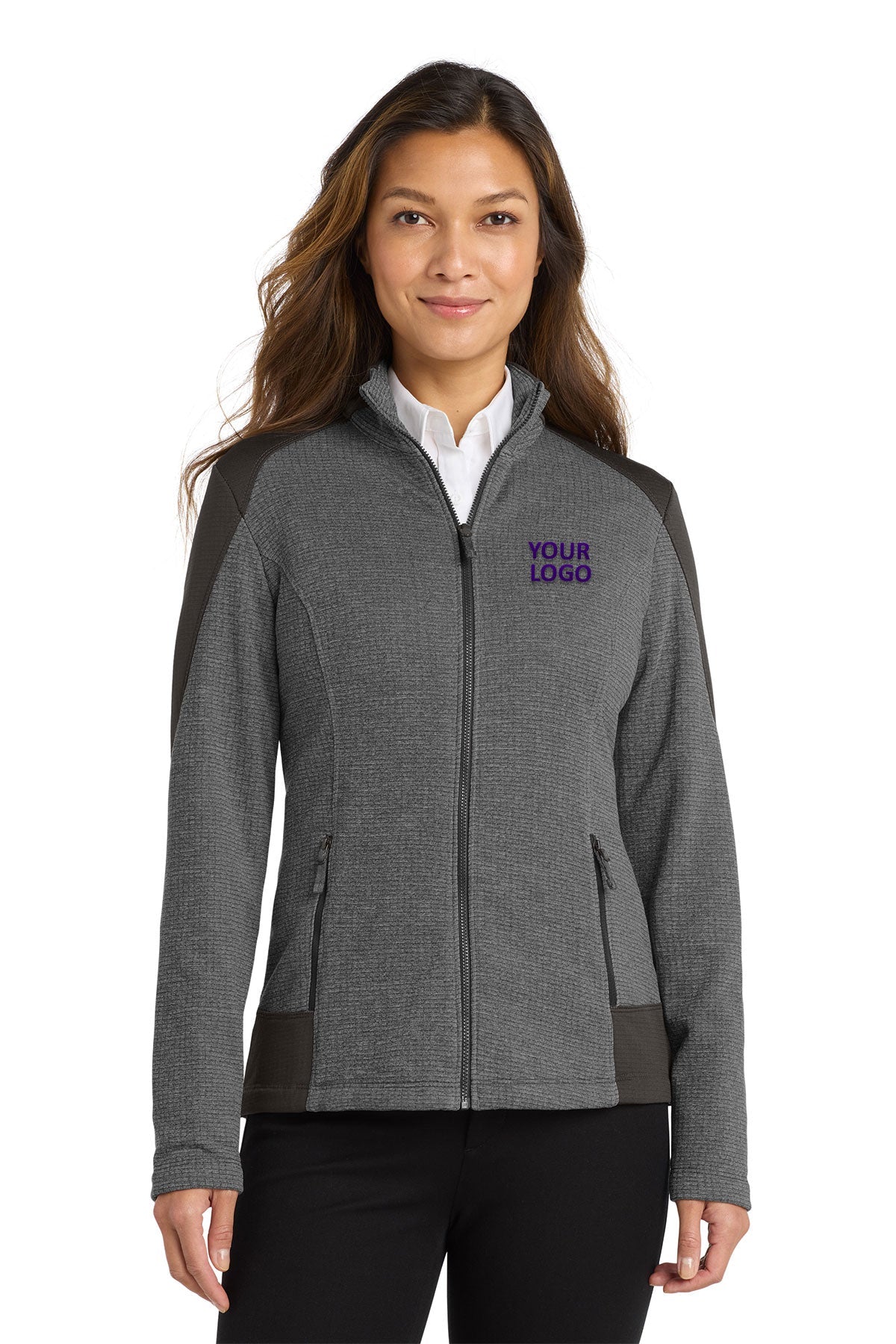 Port Authority Women's Grid Fleece Custom Jackets, Grey Smoke Heather/ Grey Smoke