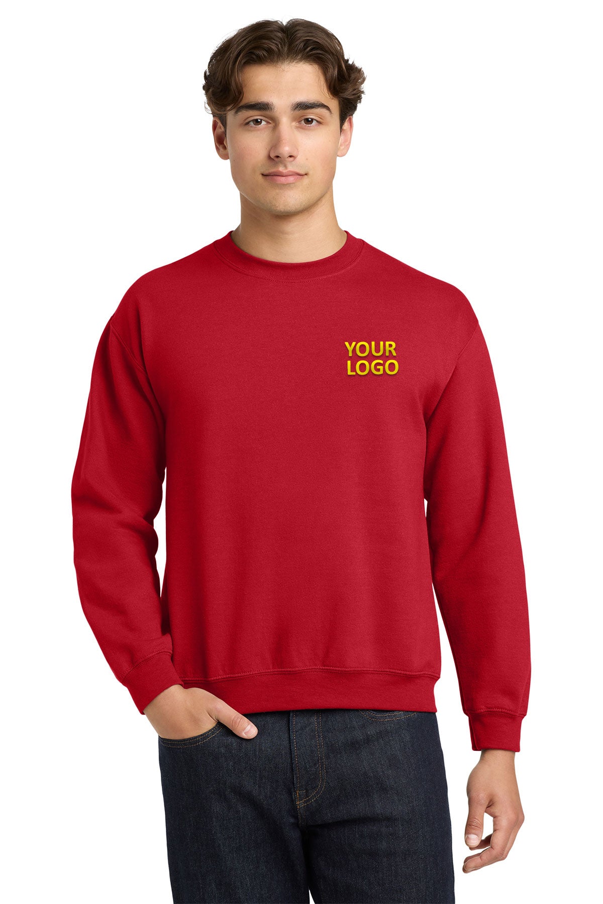 Gildan Red 18000 custom logo sweatshirts embroidered