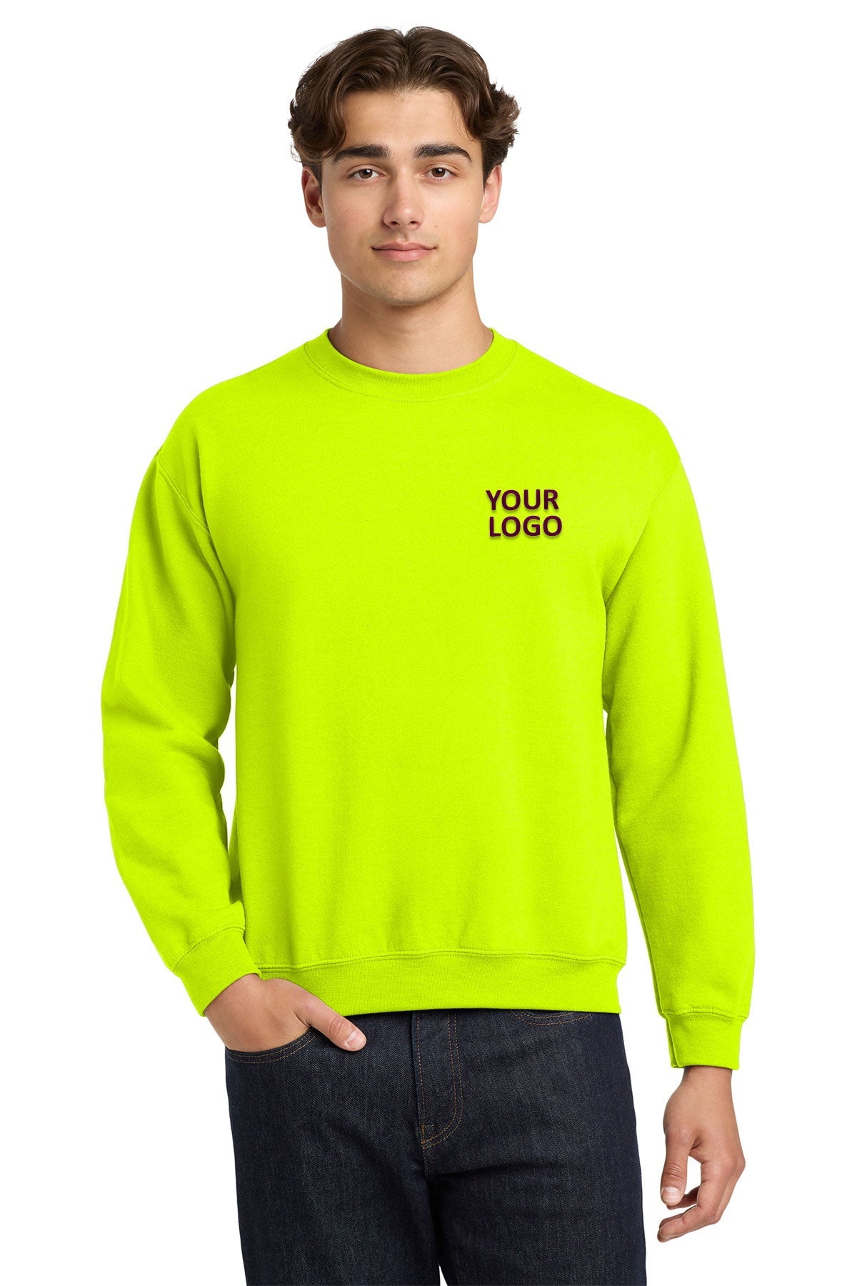 Gildan Safety Green 18000 sweatshirts with logos