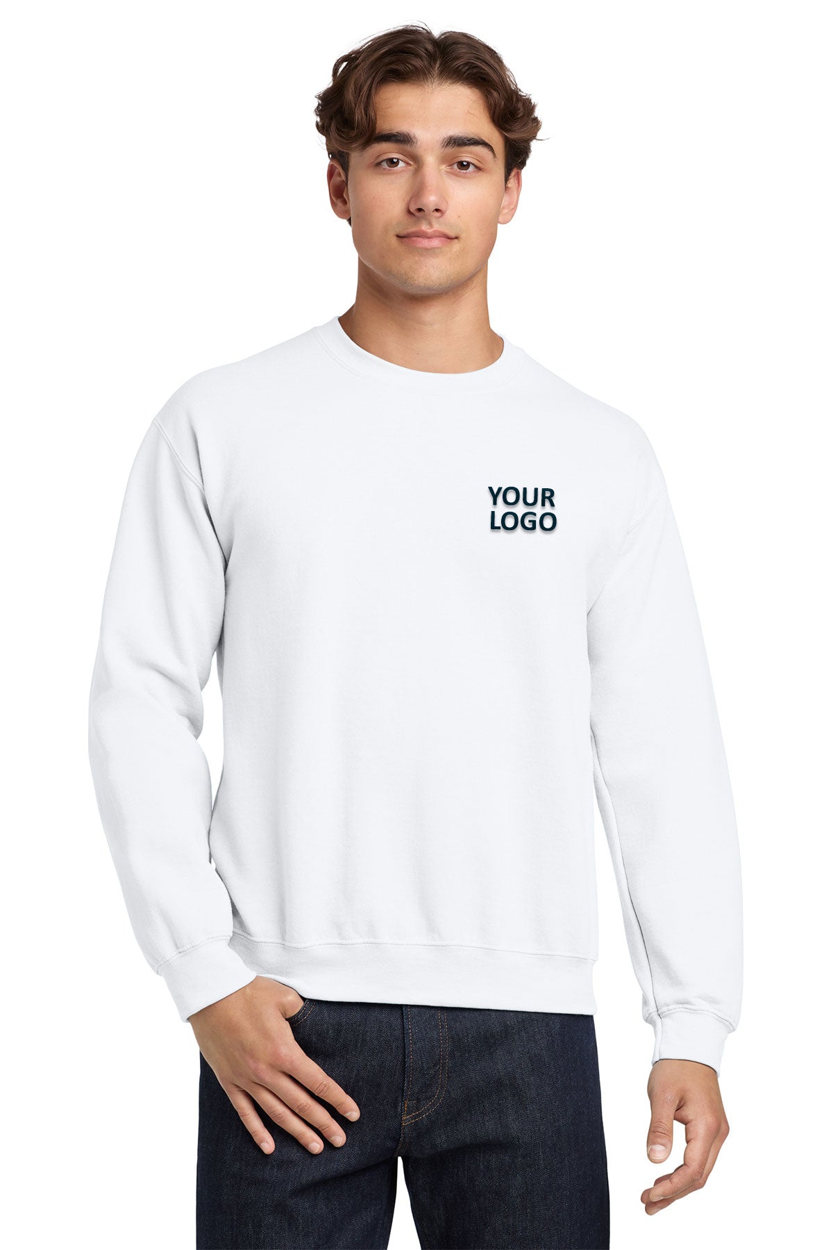 Gildan White 18000 custom logo sweatshirts