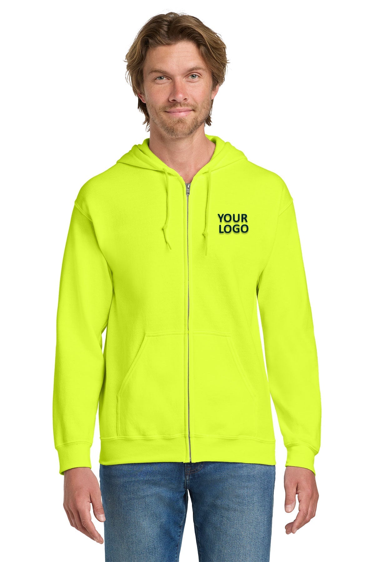 Gildan Safety Green 18600 sweatshirts with logo embroidery