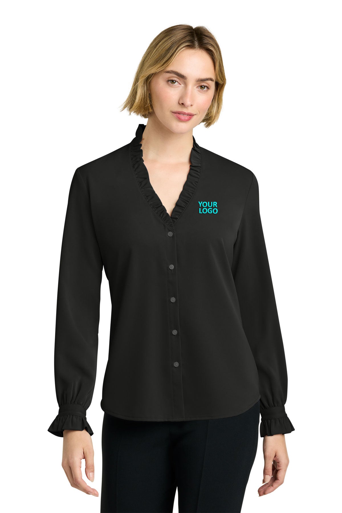 Brooks Brothers Womens Long Sleeve Ruffle Collar Custom Blouse, Black