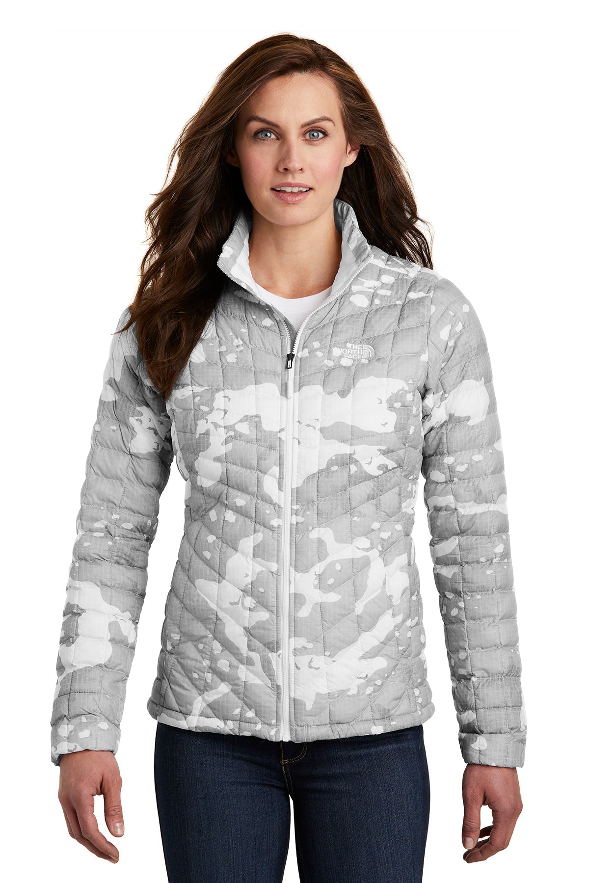 The North Face Ladies ThermoBall Trekker Jacket TNF White Woodchip Print [Real8 Group]