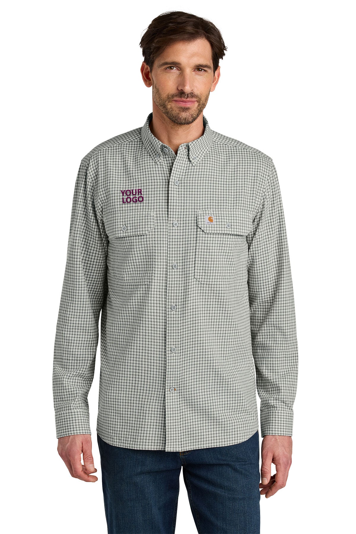 Carhartt Rugged Flex Plaid Long Sleeve Custom Shirts, Check Steel Malt