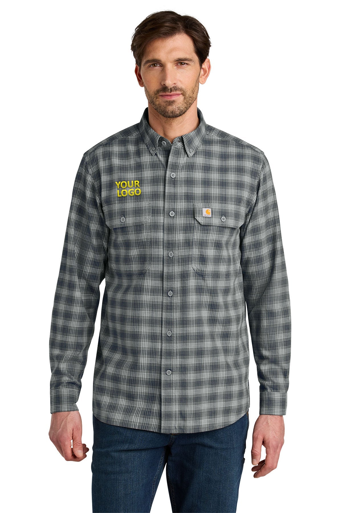 Carhartt Rugged Flex Plaid Long Sleeve Custom Shirts, Plaid Steel Navy