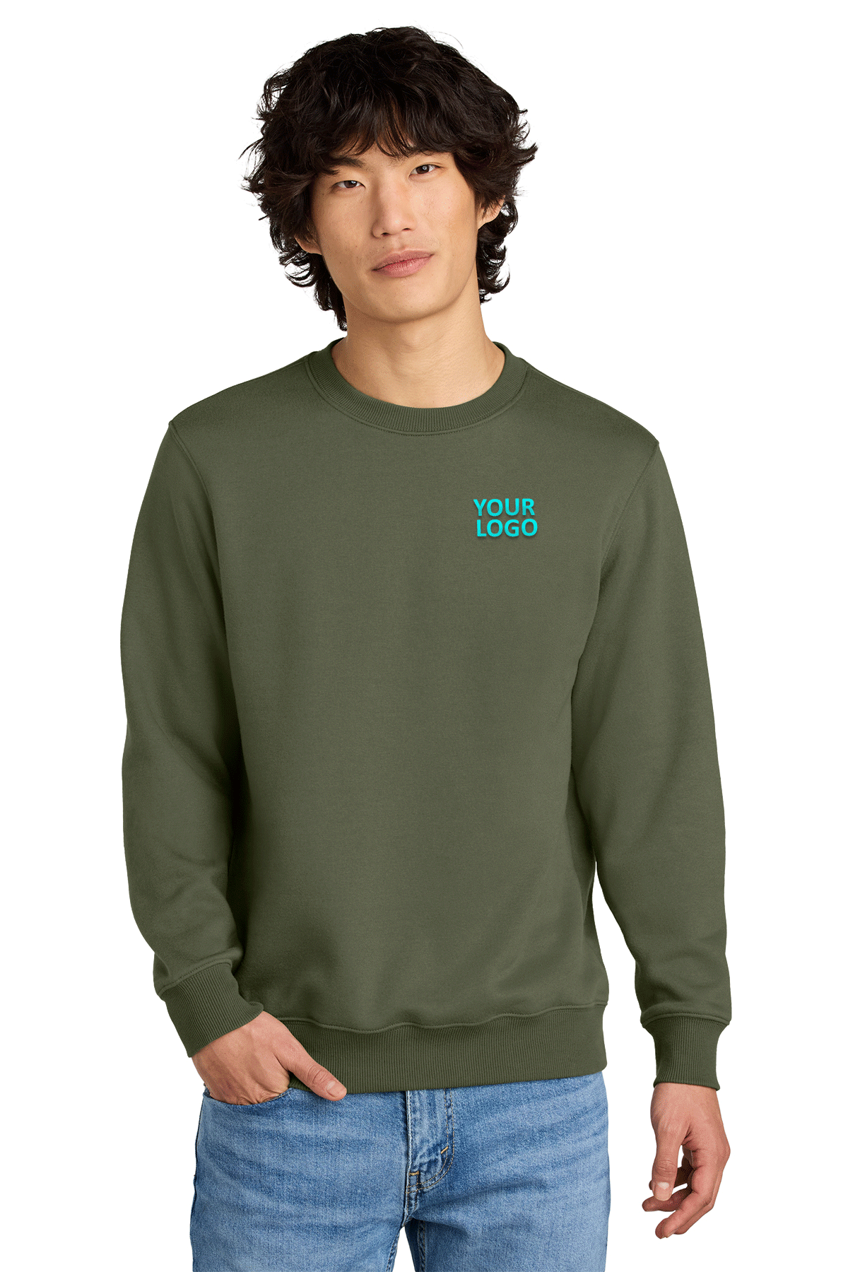District Perfect Weight Fleece Custom Crews, Military Green