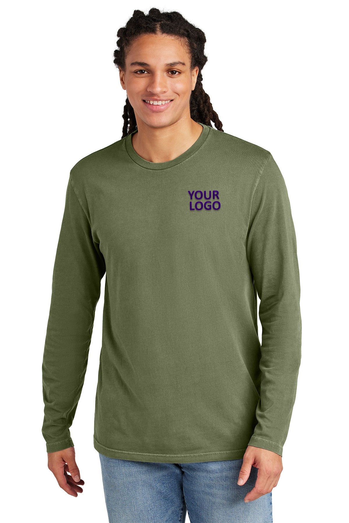 District Wash Long Sleeve Custom Tee's, Olive Drab Green