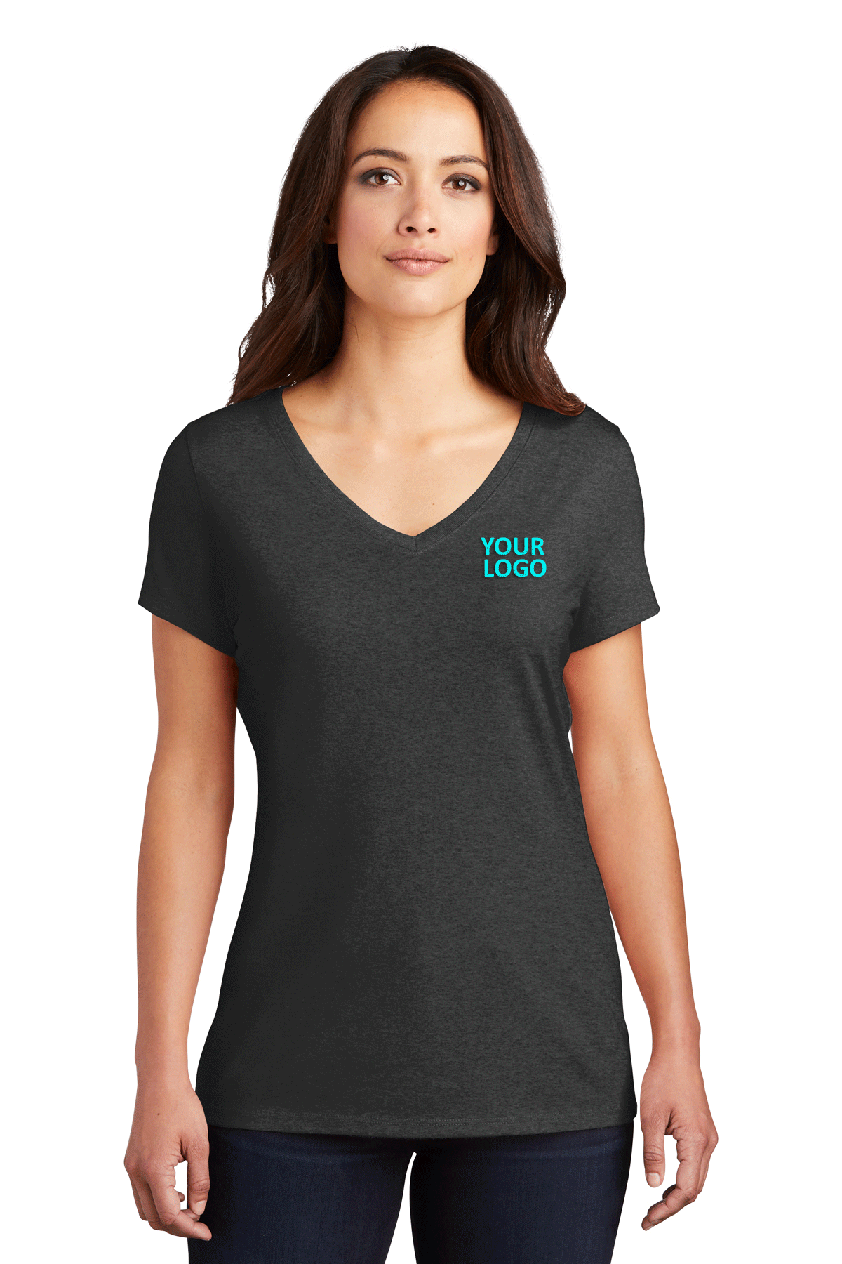 District Womens Perfect Tri V-Neck Custom Tees, Black Frost [Kizen]