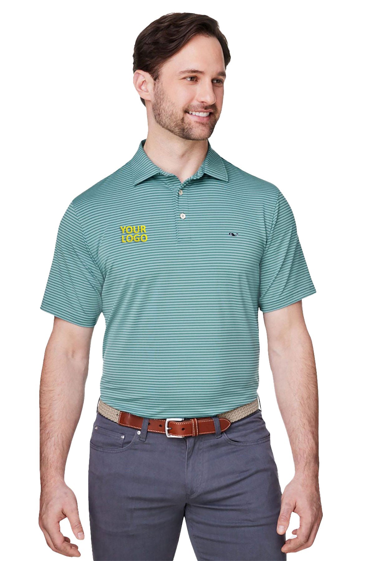 Vineyard Vines Custom Mens Bradley Stripe Sankaty Polos, Sea Clay Green [Gershman Mortgage]