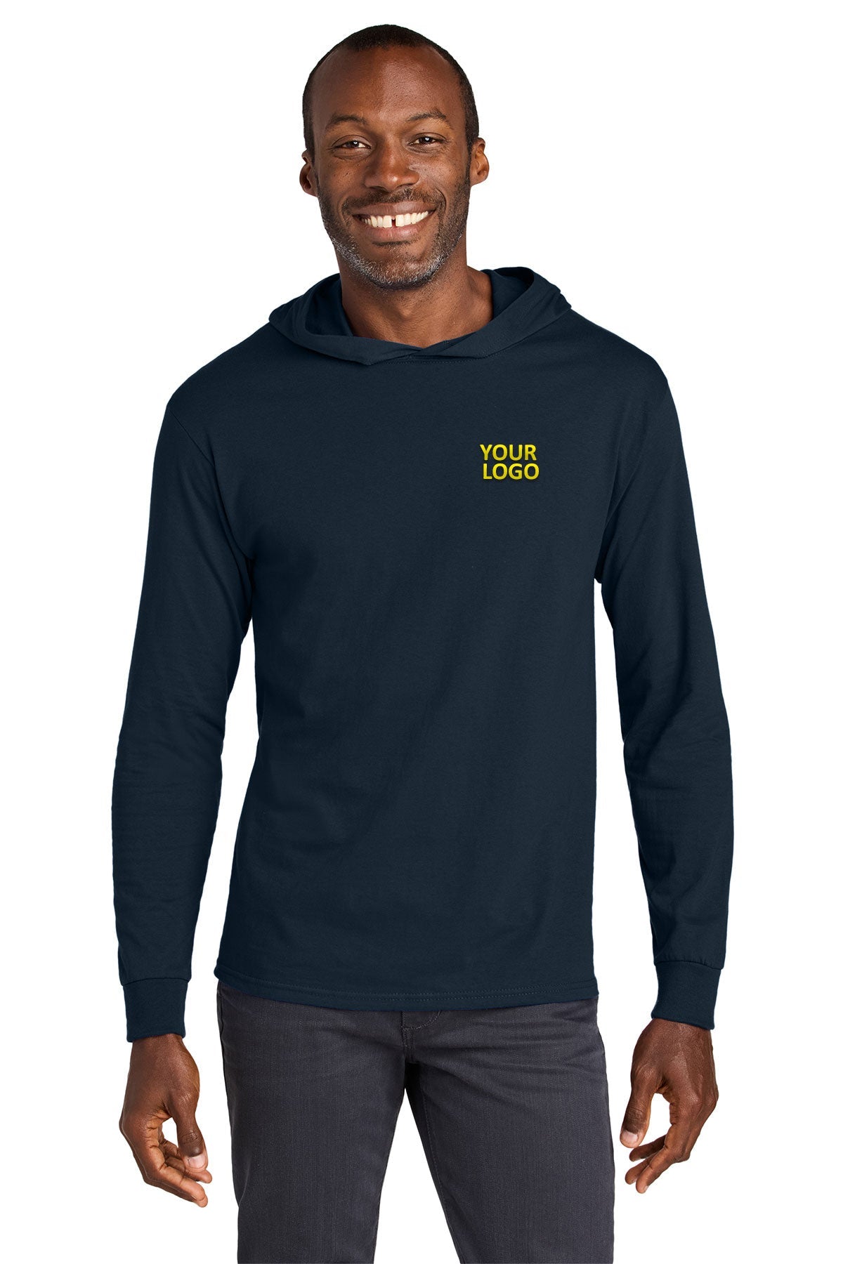 Jerzees Classics Unisex Cotton Long Sleeve Hooded Custom T-Shirts, Navy