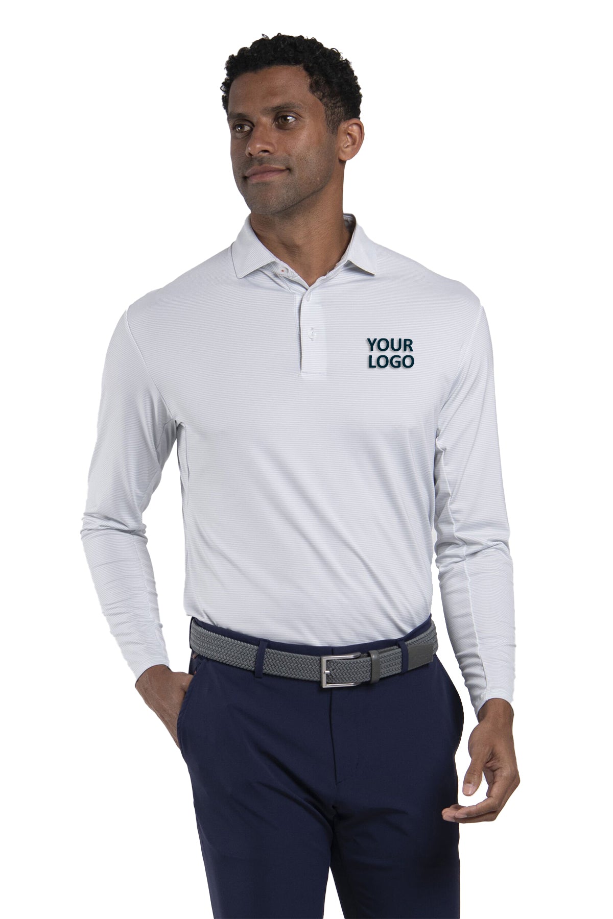 Kjus Soren Stripe Custom Long Sleeve Polos, Alloy/White