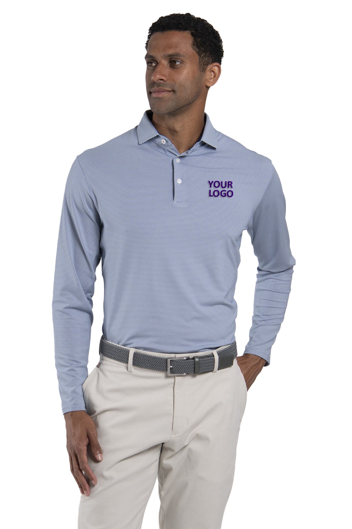 Kjus Soren Stripe Custom Long Sleeve Polos, Maritime/White