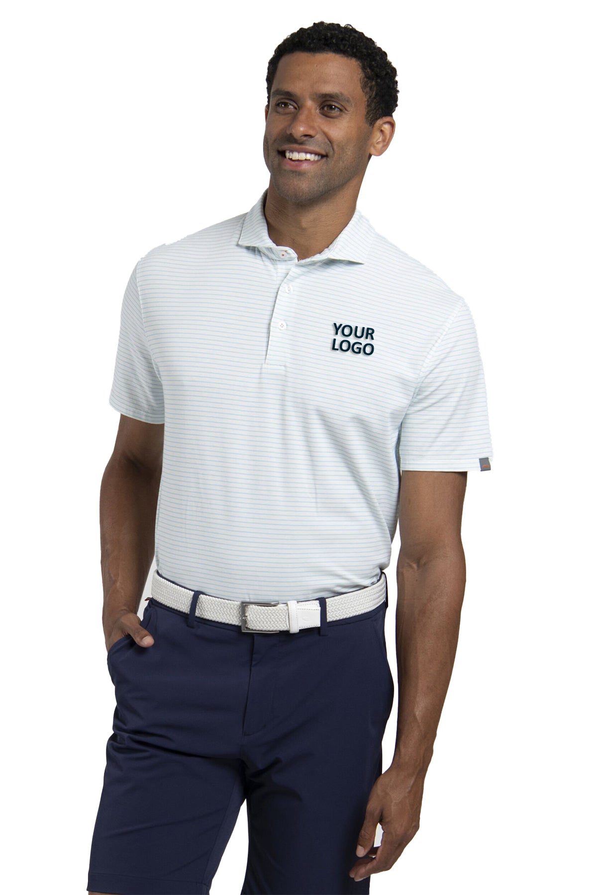 Kjus Hollow Pima Stripe Custom Polos, White/Poolside